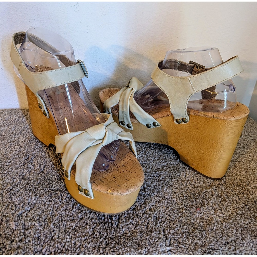 KORKS Platform Wedge Sandals Cork Bow Accent Ankle‎ Strap Beige Size 10M NEW